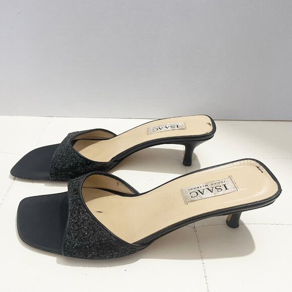 Vintage Isaac Mizrahi Black Open-Toe Mules Heels with Glitter Detail | Size 10B - Picture 14 of 14